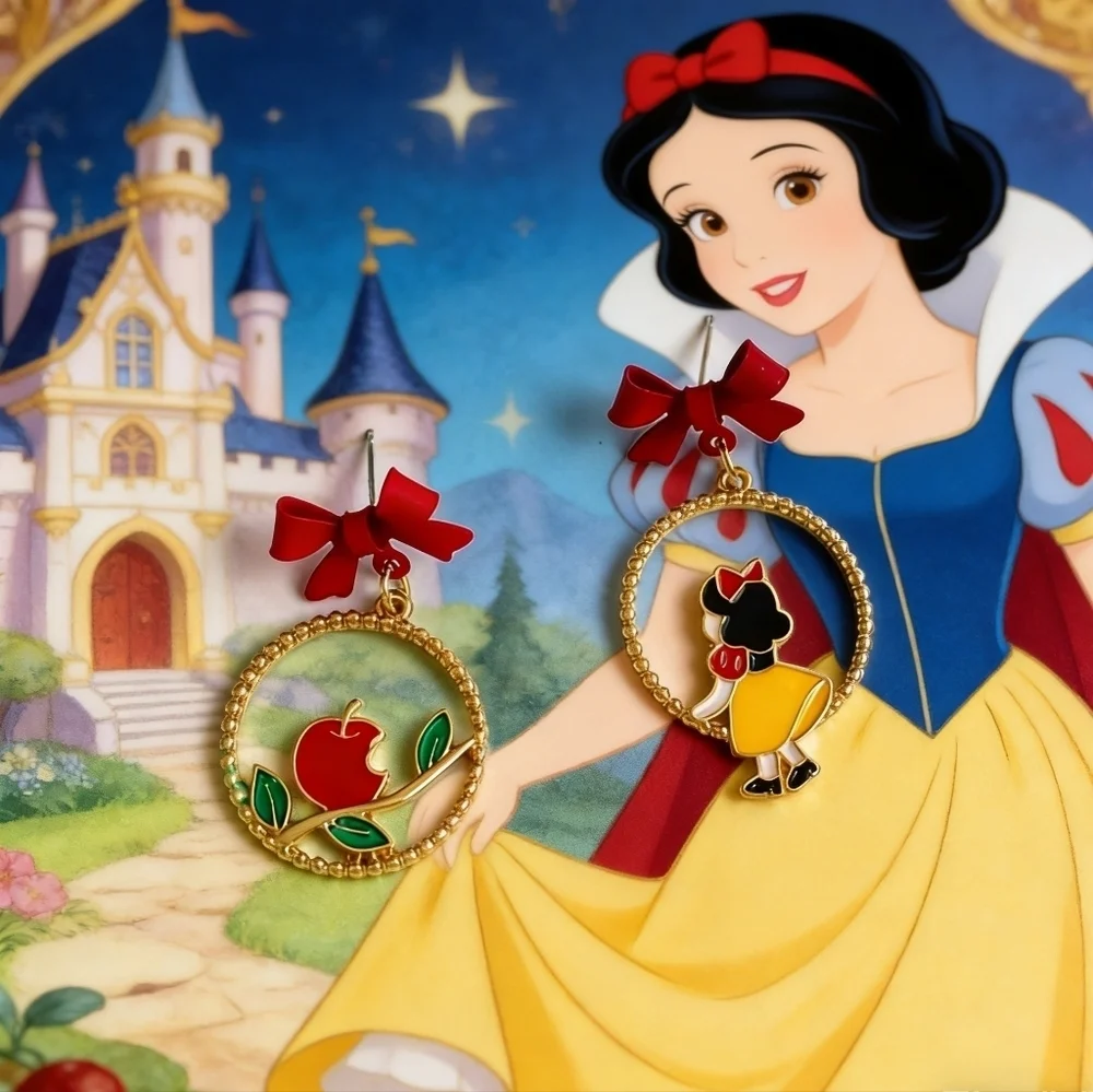 Disney Style Snow White Drop Earrings Red Bow & Poison Apple Dangles